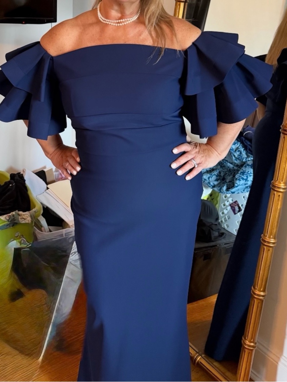 Chiara Boni Navy One-Shoulder Ruffle Sleeve Gown
